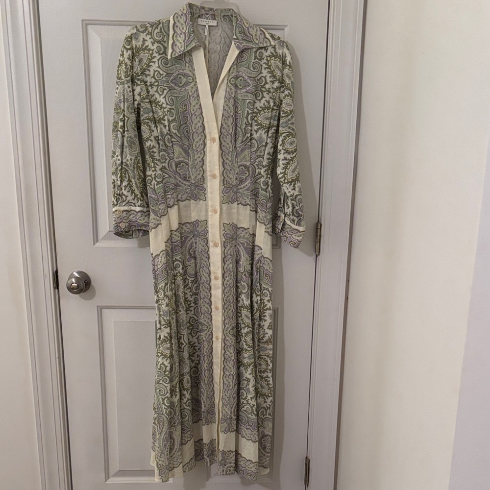 Sandro Green and Cream Long Sleeve Dress